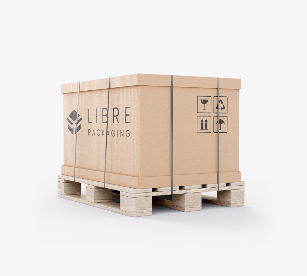 Stabile Industrieverpackung auf Holzpalette mit Libre Packaging Logo – nachhaltige Verpackungslösungen für Transport und Lagerung. Libre Packaging Verpackungslösungen für Unternehmen setzt auf Multimateriallösungen, die auch effiziente Einwegverpackungen umfassen
